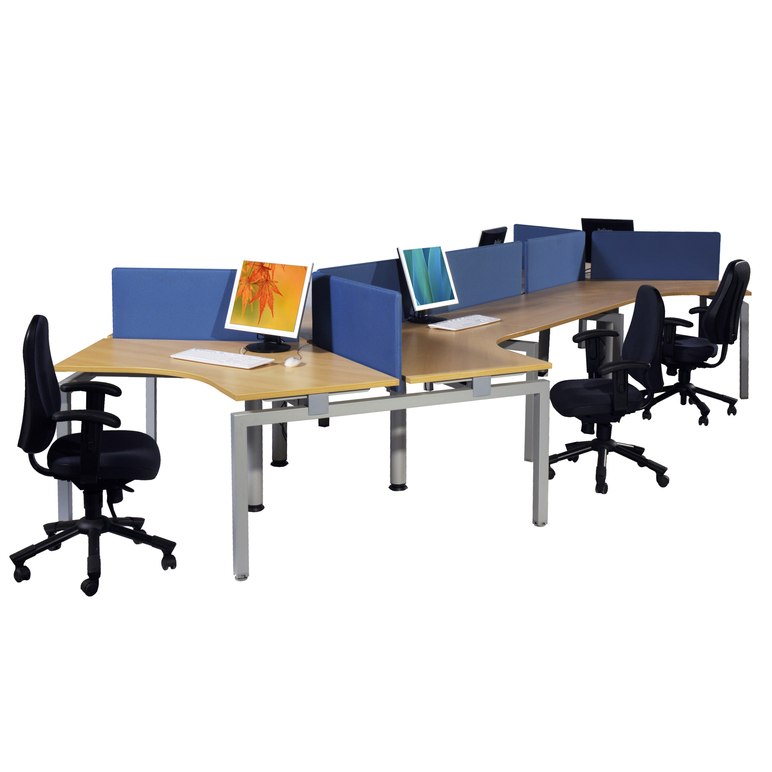 7.Bench Profile - Large open plan office with desk height screens and swivel chairs.